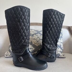 Sperry Top Sider Size 7 Womens Rain Boots Black Glitter Fleece Lined Waterproof